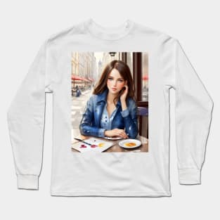 beauitful woman on parisian cafe Long Sleeve T-Shirt